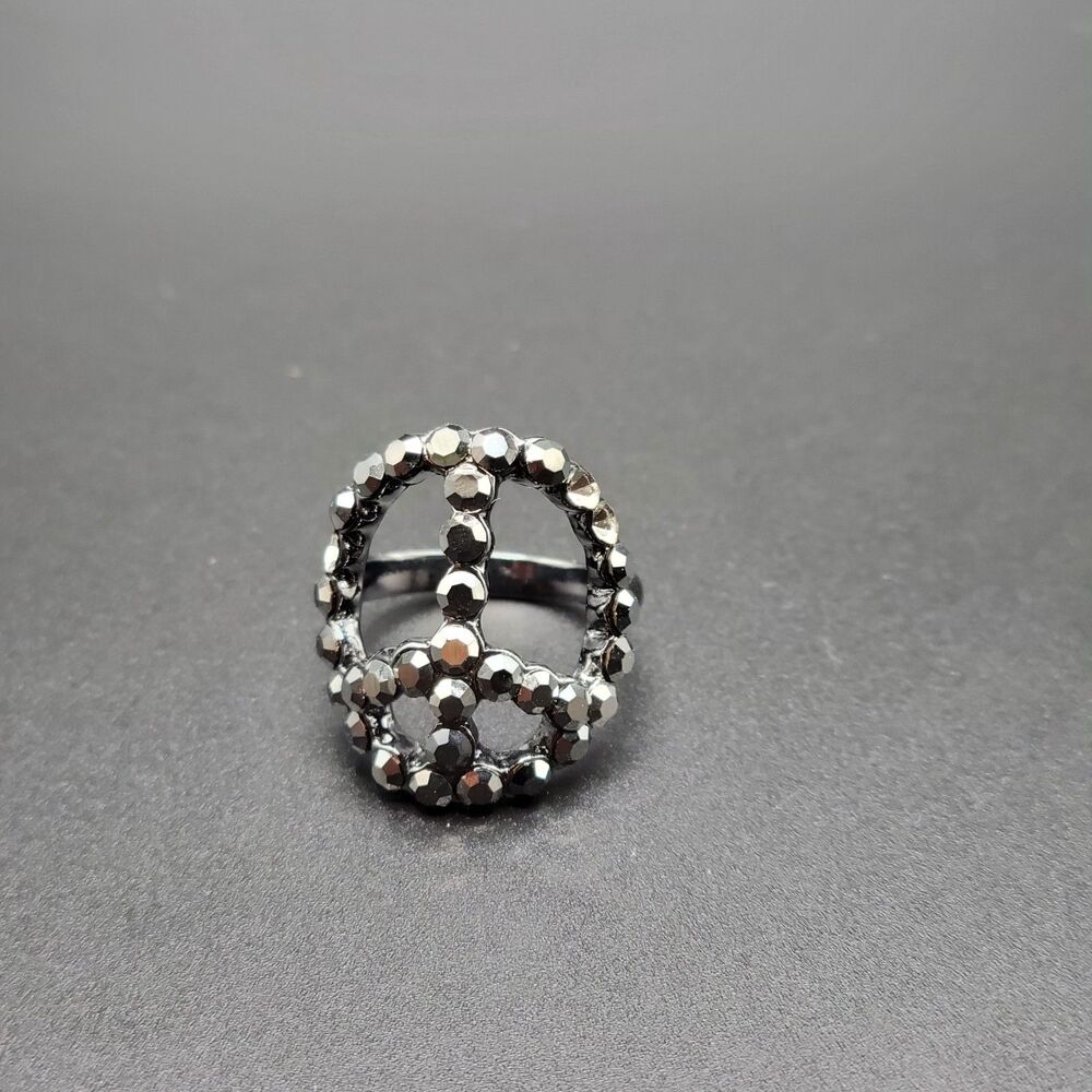 Unbranded Peace Sign Statement Ring Women Gunmetal Gray Crystal Boho Chic